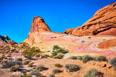 Nevada 'daki Ateş Vadisi' nin büyüleyici güzelliğini deneyimleyin. Canlı kırmızı kumtaşı oluşumları derin mavi gökyüzü ile buluşuyor. Bu el değmemiş çöl manzarasının sonsuz cazibesini keşfedin..