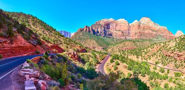 Explore the stunning curves of Zion Park Blvd in Zion National Park. This scenic drive through Utah breathtaking red rock landscape inspires adventure and captures the essence of the American clipart