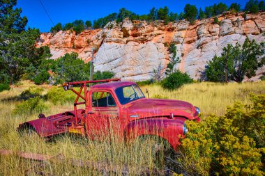 Terk edilmiş kırmızı çekici, Utah 'ın açık gökyüzünün altında, Zion Ulusal Parkı' nda bir kır çiçeği tarlasında duruyor. Nostalji, engebeli kaya oluşumları çarpıcı bir zemin çizerken doğayla buluşur..