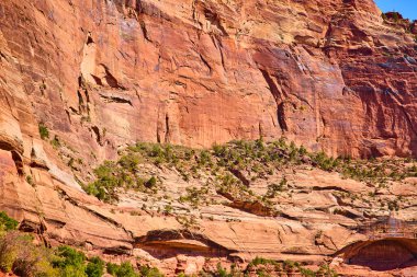 Utah, Zion Ulusal Parkı 'ndaki Majestic kumtaşı uçurumları kulesi. Güneşli renkler ve engebeli dokular seyahat ve macera temaları için mükemmel bir sahne yaratır..