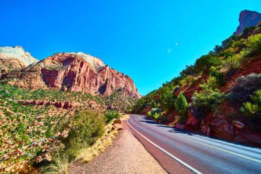 Zion Ulusal Parkı 'nın nefes kesen güzelliğini keşfedin, dolambaçlı bir yol sizi, Springdale Utah' ın canlı mavi gökyüzü altında, dramatik kırmızı kaya dağları ve yemyeşil alanlara doğru götürür. Tam oldu.