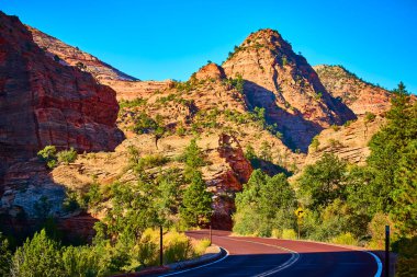 Zion Ulusal Parkı kırmızı kaya oluşumları altın saat ışığında parıldıyor. Manzaralı bir yol yemyeşil alanların arasından geçiyor, macera ve keşiflere davetiye çıkarıyor. Springdale, Utah 'ta görkemli güzellikleri keşfedin..