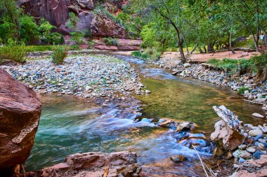Zion Ulusal Parkı 'ndaki dinginlik: Springdale, Utah' taki Narrows 'tan sakin bir dere akıyor. Yeşilliği yansıtan bu sahne, keşfi davet ediyor ve doğada barışı sunuyor..
