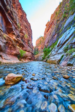 Zion Ulusal Parkı 'ndaki The Narrows' un çarpıcı güzelliğini keşfedin. Yükselen kırmızı kumtaşı kayalıkları ve sakin bir nehir macera ve doğa severler için mükemmel nefes kesici bir manzara yaratır..