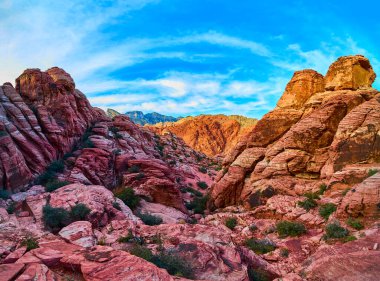 Nevada, Red Rock Kanyonu 'nun canlı çöl güzelliğini keşfedin. Çarpıcı kırmızı kaya oluşumlarına, yemyeşil yeşilliğe ve açık mavi gökyüzüne tanık olun. Macera ve doğa meraklıları için mükemmel..