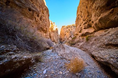 Charleston Dağı yakınlarındaki Nevada kanyonunda sükuneti keşfet. Kumlu bej ve kırmızı renklerdeki engebeli kaya duvarları parlak mavi gökyüzünün altındaki yolu çerçeveler, macera ve keşifleri davet eder..