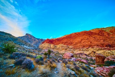 Nevada 'daki Kızıl Kaya Kanyonu parlak mavi gökyüzüne karşı canlı kızıl kaya oluşumlarını gözler önüne seriyor. Bu ikonik Amerikan Güneybatı Çölü 'nün engebeli güzelliğini ve sükunetini tecrübe edin.