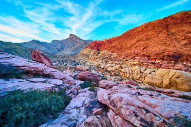 Red Rock Kanyonu 'nun altın saatindeki korkusunu hissedin. Las Vegas, Nevada 'daki Kraft Dağı' nın çöl güzelliğindeki uçsuz bucaksız mavi gökyüzü karşısında kırmızı ve pembe kaya oluşumlarına hayret..
