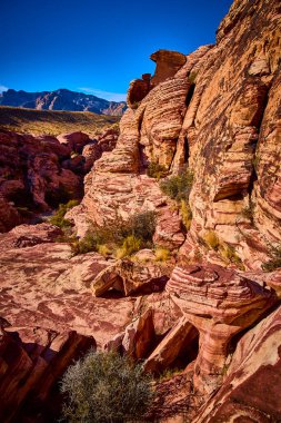 Nevada 'daki Red Rock Kanyonu' nun parlak kırmızı ve turuncu kumtaşı uçurumlarını keşfedin. Las Vegas yakınlarındaki çarpıcı çöllerde macera arayan seyahat meraklıları için mükemmel..