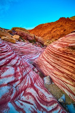 Red Rock Canyons jeolojik harikaların canlı renklerinin tadını çıkarın. Berrak mavi gökyüzünün altında çarpıcı kırmızı ve beyaz çizgili kayalar Nevadas 'ta doğanın sanatsal özelliklerini ve maceralarını davet ediyor.