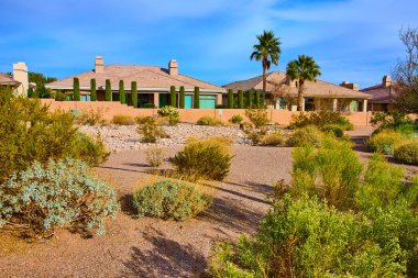 Güneybatı tarzı modern evler Las Vegas 'ın sakin bir banliyösü. Selvi ağaçları ve çöl bitkileri, açık mavi gökyüzü altında doğayla harmanlanarak sürdürülebilir çöl yaşamını temsil eder..