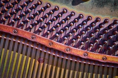 Nevada 'nın hayalet kasabası Nelson' da piyanoların iç kısımlarına yakın çekim. Paslı akort iğneleri ve telleri etkileşim halinde. Müzikal işçiliğin ustalığını ve hassasiyetini gözler önüne seriyor..