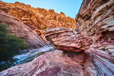 Nevada 'daki Red Rock Kanyonu' nun büyüleyici güzelliğini keşfedin. Altın saat ışıklarının altında eşsiz kaya oluşumlarına ve canlı kumtaşı kayalıklarına hayran kaldım. Mükemmel bir macera arkaplanı..