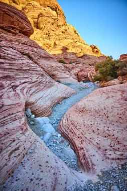 Las Vegas Nevada 'daki Kraft Dağı' nın nefes kesici güzelliğini keşfedin. Berrak mavi gökyüzünün altındaki canlı kırmızı kaya oluşumlarına ve sakin çöl manzarasına hayran olun. Macera ve seyahat için mükemmel.