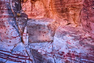 Las Vegas 'taki Kraft Dağı' nda bir çöl kayası oluşumundaki canlı çizgilere yakın çekim. Büyüleyici renkler ve dokular Amerikan Güneybatısının ebedi güzelliğini ve jeolojik tarihini yansıtıyor.