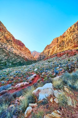 Las Vegas yakınlarındaki Red Rock Kanyonu 'nun nefes kesici güzelliğini keşfedin. Yüksek kırmızı ve turuncu kaya oluşumları berrak bir mavi gökyüzünün altında parlıyor, engebeli bir çöl yürüyüş yolu boyunca maceraya davetiye çıkarıyor..