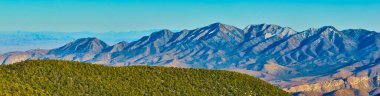 Nevada, Charleston Dağı 'nın havadan görünüşü engebeli zirveleri ve verimli ön planda ormanları olan çarpıcı bir çöl manzarası. Açık hava macerası, seyahat ve doğal güzellik projeleri için mükemmel..
