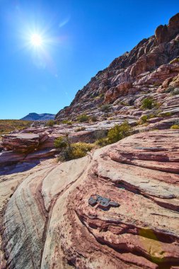 Las Vegas yakınlarındaki Grand Staircase Patikası 'nda güneşli çöl manzarası. Çarpıcı pembe ve kırmızı kaya oluşumları, parlak mavi gökyüzünün altında seyrek yeşillikle tezat oluşturuyor. Seyahat ve macera temaları için mükemmel.
