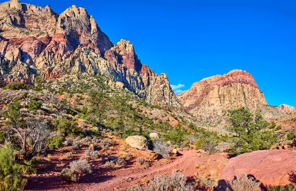 Las Vegas, Nevada 'daki Oak Creek Patikası' ndaki Kızıl Kaya Kanyonu 'nun engebeli güzelliğini keşfedin. Yüksek kırmızı oluşumlar, canlı mavi gökyüzüne karşı, doğada macera ve yalnızlık sunar..