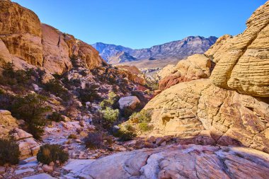 Görkemli kumtaşı kayalıkları ve Calico Tanks Patikası, Las Vegas 'ta parlak mavi gökyüzü. Kızıl Kaya Kanyonu 'nun ebedi güzelliğini keşfedin. Macera arayanlar ve doğa severler için mükemmel bir kaçış..