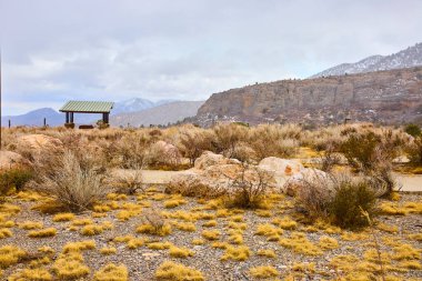 Nevada, Charleston Dağı yakınlarındaki sakin çöl manzarası, bulutlu bir gökyüzünün altında ıssız bir pavyon. Engebeli arazi ve uzak karlı uçurumlar Amerika 'nın güneybatısında yalnızlığı ve doğal güzelliği çağrıştırıyor..