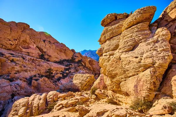 Nevada, Red Rock Kanyonu 'ndaki Calico Tank Yolu' nun nefes kesici güzelliğini keşfedin. Yükselen kaya oluşumları ve parlak mavi gökyüzü Amerika 'nın güneybatısının özünü keşfetmeye ve yakalamaya teşvik ediyor..