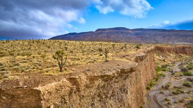 Las Vegas yakınlarındaki Kızıl Kaya Kanyonu 'nun havadan görünüşü dinamik bir gökyüzü altında engebeli platolar ve Joshua ağaçları ile dramatik bir çöl manzarası yakalar..