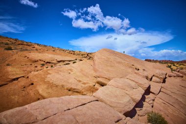 Nevada Moapa Vadisi 'ndeki nefes kesici Ateş Vadisi' ni keşfedin. Açık mavi gökyüzünün altında, doğanın sonsuzluğunu ve güzelliğini gözler önüne seren tek bir maceraperest ile canlı kırmızı kaya oluşumlarına hayret edin..