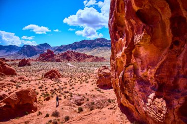 Nevada Moapa Vadisi 'ndeki görkemli Ateş Vadisi' ni, uçsuz bucaksız mavi gökyüzüne karşı çarpıcı kırmızı kaya oluşumlarıyla keşfedin. Yalnız bir gezgin seni yalnızlığı ve macerayı kucaklamaya davet ediyor.
