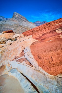 Nevada 'daki Kızıl Kaya Kanyonu' nun canlı güzelliğini tecrübe edin. Parlak mavi gökyüzüne karşı göze çarpan kumtaşı oluşumlarına hayret ediyorum. Kaplumbağa başlı tepe uzaklardan yükseliyor. Doğa için mükemmel.