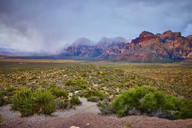 Nevada 'daki görkemli Red Rock Kanyonu' nda canlı kaya oluşumları ve kasvetli fırtınalı bir gökyüzü sergileniyor. Dramatik manzara doğaya, saf güzelliğe ve maceraya nefes kesici bir bakış sunuyor..