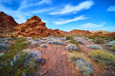Nevadas Ateş Vadisi 'nin ebedi güzelliğini tecrübe et. Engebeli kırmızı kaya oluşumları berrak mavi gökyüzü ile buluşuyor, ıssız çöl manzarasının ortasında yalnızlık ve macera çağrıştırıyor..