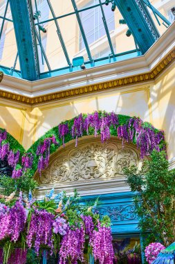 Zarif çiçekleri Las Vegas Bellagio Gardens 'ta süslü taş işçiliğinin üzerine örterler. Güneş ışığı cam tavandan süzülür ve düğünler ve etkinlikler için mükemmel bir ortam yaratır..