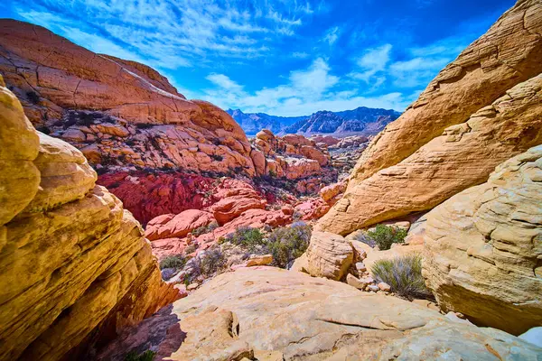 Nevada 'daki Red Rock Kanyonu' nun canlı katmanlarını keşfedin. Açık mavi gökyüzü altında yükselen kırmızı ve kumlu oluşumlar bu büyüleyici çöl manzarasında macera ve huşu uyandırıyor..