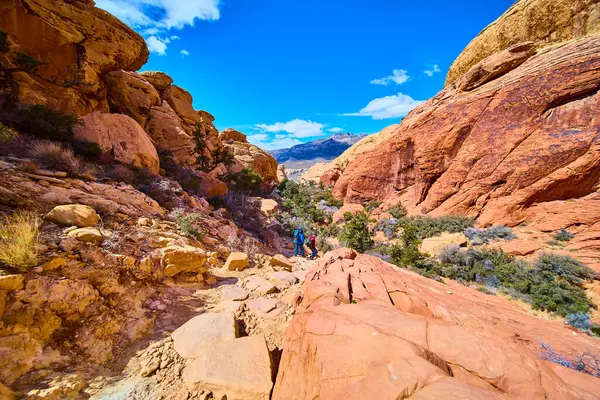 İki yürüyüşçü Nevada, Red Rock Canyon 'daki Calico Tanklarının çarpıcı kırmızı kaya oluşumlarını araştırıyor. Serüvenin heyecanını ve açık mavi gökyüzünün altındaki doğanın güzelliğini hisset..