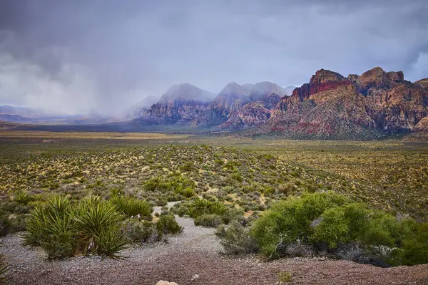 Nevada 'daki görkemli Red Rock Kanyonu' nda canlı kaya oluşumları ve kasvetli fırtınalı bir gökyüzü sergileniyor. Dramatik manzara doğaya, saf güzelliğe ve maceraya nefes kesici bir bakış sunuyor..
