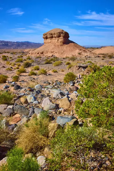 Nevada 'daki görkemli çöl manzarası açık mavi gökyüzünün altında çarpıcı bir kaya oluşumunu yakalar. Bereketli çöl çalıları ve engebeli arazi izolasyonu ve doğal güzelliği çağrıştırıyor. Macera için mükemmel.