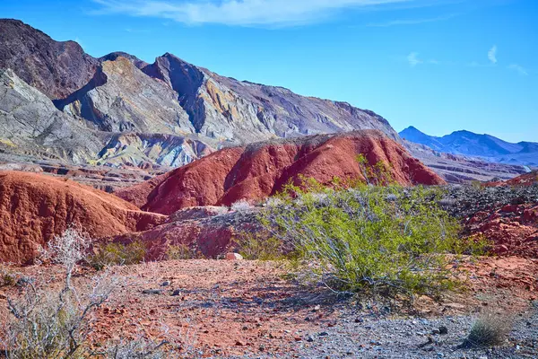 Northshore Yolu 'ndaki Nevadas çölünün engebeli güzelliğini görün. Kırmızı kumtaşı tepeleri mavi gökyüzüne karşı kontrastlı, esnek çöl bitkilerine hayat katıyor..
