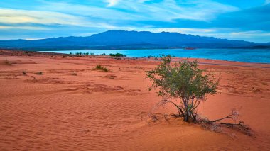 Canlı kırmızı kum tepeleri, sakin mavi bir rezervuara ve Sand Hollow Eyalet Parkı 'ndaki uzak dağlara götürür. Utah, Amerikan Güneybatı Çölü manzarasının çarpıcı güzelliğini ve yalnızlığını gözler önüne serer.