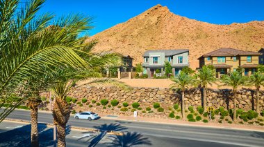 Palmiye ağaçları olan modern iki katlı evler Las Vegas Gölü 'nün sakin bir caddesi. Nevada' da engebeli çöl dağları tarafından çerçevelenmiş. Açık mavi gökyüzü altında emlak ve yaşam tarzı temaları için ideal.