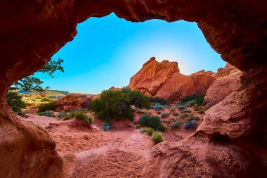 Utah Kasırgası 'ndaki Babil Kemeri' nden geçen güneş ışığı kırmızı kumtaşı oluşumlarıyla dolu canlı bir çöl sahnesini çerçeveliyor. Yeşil çalılar ve açık mavi gökyüzü, Amerika 'nın güneybatısını hayret verici bir şekilde görüyor.