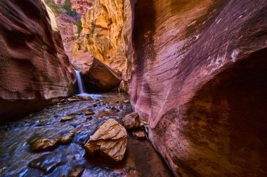Yüksek kırmızı kumtaşı duvarlar, Kanarra kanyonu Utah 'ta sakin bir akarsu ve narin bir şelale çerçevesi oluşturuyor. Amerika Birleşik Devletleri' nin güneybatısında macera yolculuğu ve doğa teması için mükemmel bir yer.