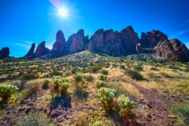 Jagged kaya oluşumları Cholla kaktüsünün üzerinde Arizona 'nın parlak güneşi altında Kayıp Hollandalı Eyalet Parkı' nda Amerikan Güneybatı Çölü 'nün vahşi güzelliğini ve macerasını yakalıyor.