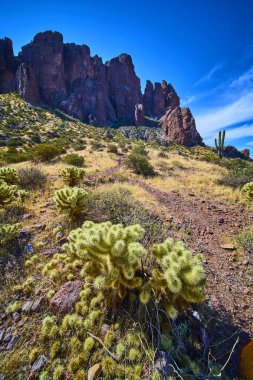Kolla ve saguaro kaktüsleri üzerinde engebeli uçurumlar yükseliyor. Kayıp Hollandalı Eyalet Parkı 'nda Arizona' nın canlı gökyüzü altında. Phoenix yakınlarındaki Sonoran Çölü 'nün vahşi güzelliğini ve macerasını yakalıyorlar..