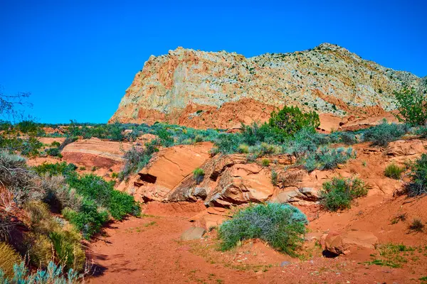 Canlı kırmızı kumtaşı oluşumları ve engebeli uçurumlar Babil Arch Kasırgası Utah 'taki parlak mavi gökyüzü altında sert çöl bitkilerinin üzerinde yükseliyor. Amerika' nın güneybatı vahşi doğasının güzelliğini yakalıyor.