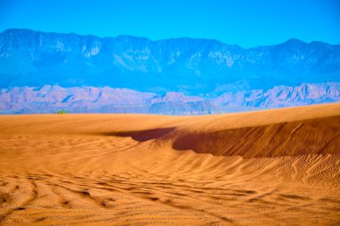 Utah Kasırgası yakınlarındaki Sand Hollow Eyalet Parkı 'nda altın kum tepeleri yükseliyor. Uzak dağlar doğal güzellik ve sükunetin bu çarpıcı manzarasını tamamlıyor.
