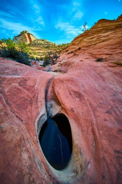 Siyon Ulusal Parkı Utah 'taki birçok havuz yolu boyunca suyla dolu kum taşı çukurunun çarpıcı manzarası dramatik çöl manzarası ve ışıltılı mavi gökyüzü altında beni aydınlatan güneşi.