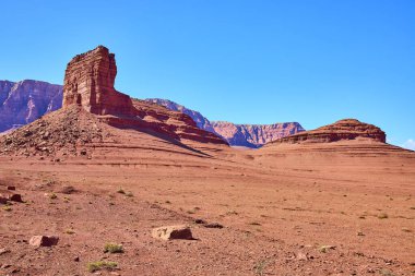 Arizona 'da, Cathedral Rock ve Lees Ferry yakınlarındaki güneşli çöl zemininden görkemli kırmızı popolar ve kumlar yükseliyor. Canlı bir Güneybatı manzarası macera ve ebedi doğal güzelliği çağrıştırıyor..