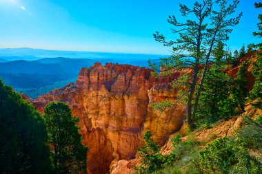 Güneş ışığı, Bryce Canyon Ulusal Parkı Utah 'taki Agua Kanyonu' nda kumtaşı kabadayıları ve canlı çam ağaçlarını aydınlatıyor. Geniş dağ manzarası ve açık mavi gökyüzü nefes kesici bir hava yaratıyor.