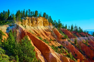 Sıcak güneş ışığı, Utah 'taki Bryce Canyon Ulusal Parkı' nın çarpıcı kırmızı ve turuncu uçurumlarını vurguluyor. Dağınık yeşil çam ağaçları ve göz alıcı mavi gökyüzü çarpıcı manzaralar yaratıyor..